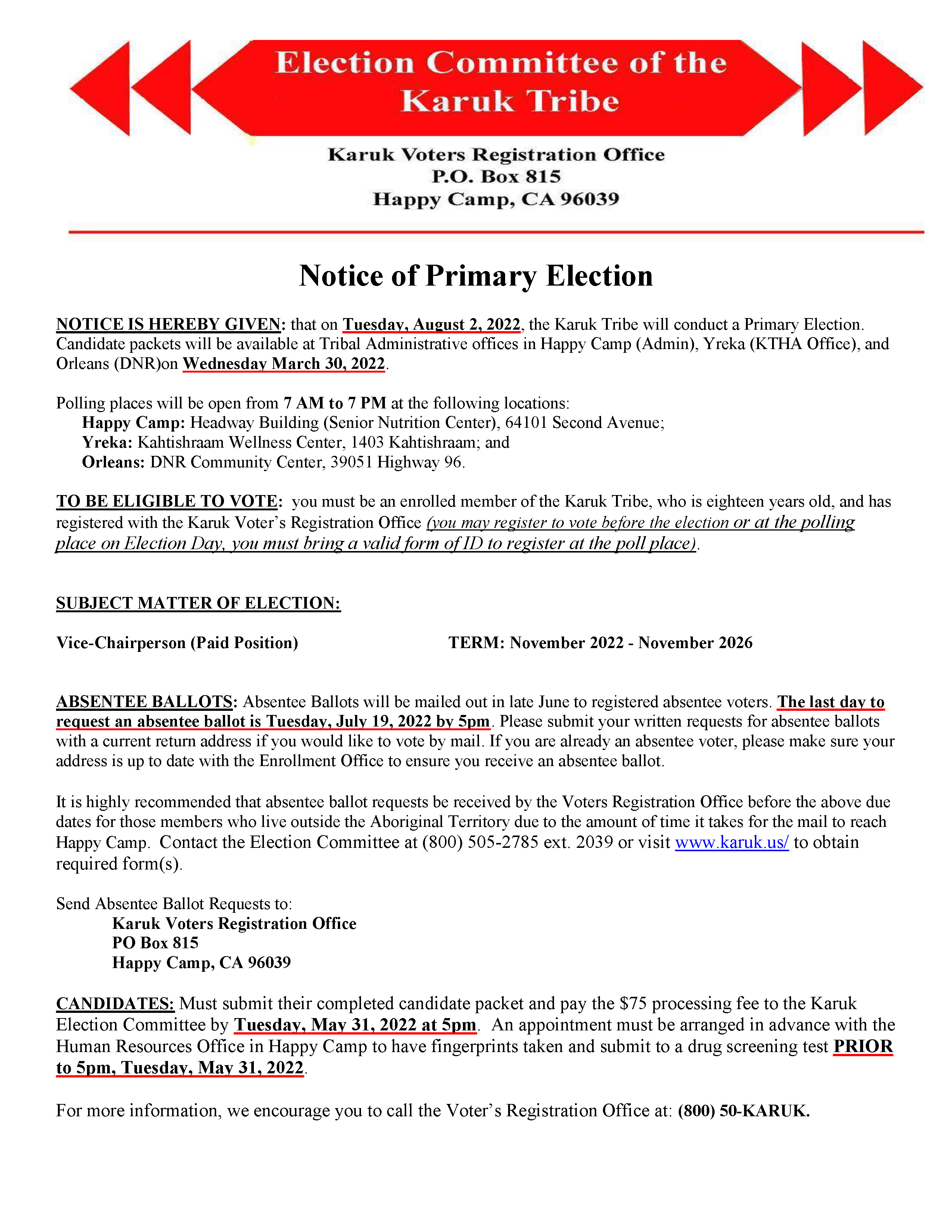 2022 Notice of Primary Election flyer 4.01.22